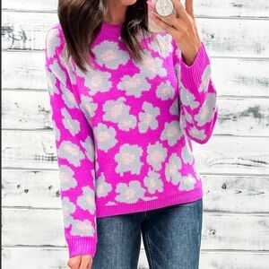 JODIFL bright orchid sweater with sky blue flowers